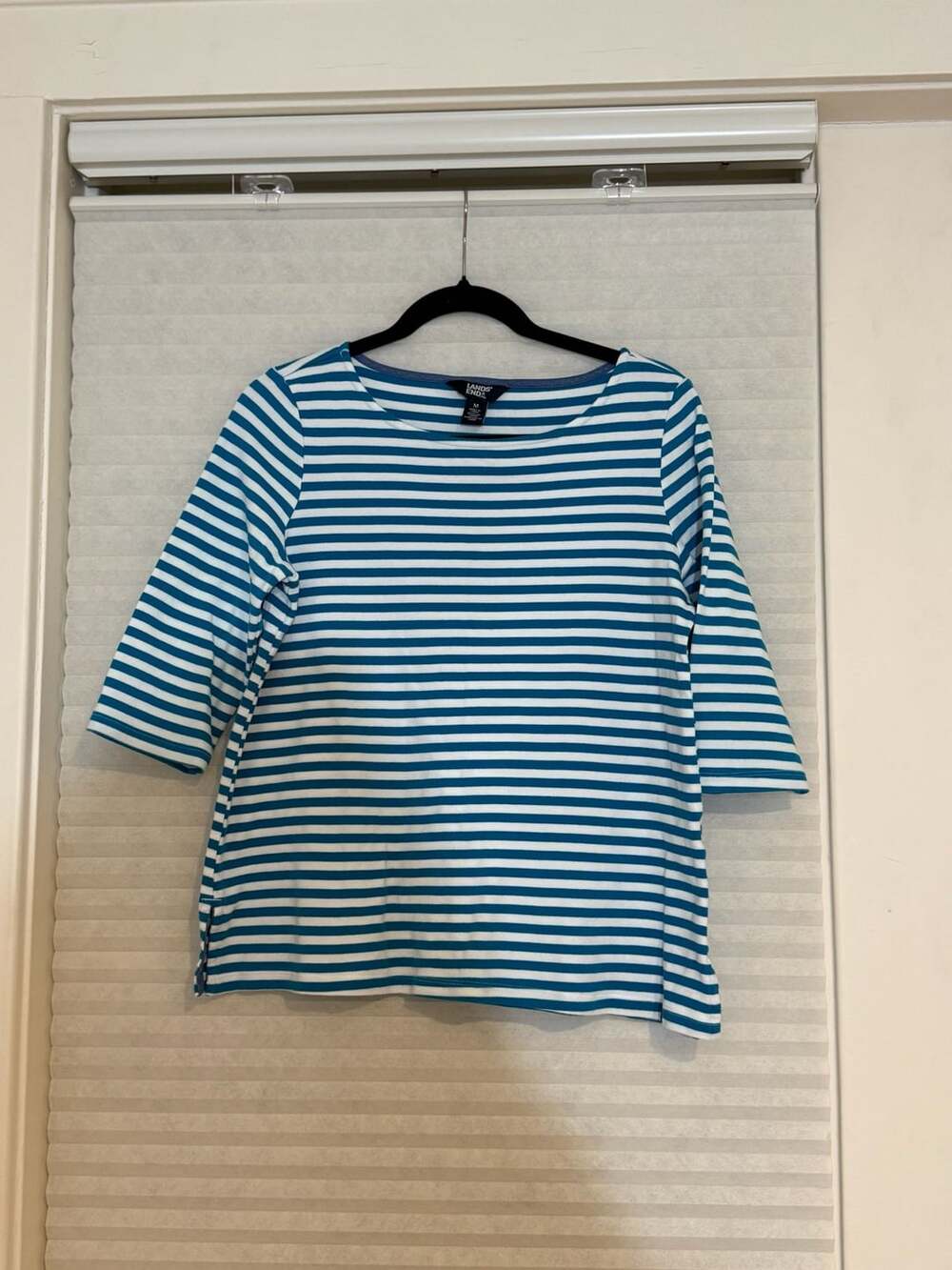 Lands' End 3/4 Sleeve Boat Neck Pima Cotton Tee Size M Blue White Striped